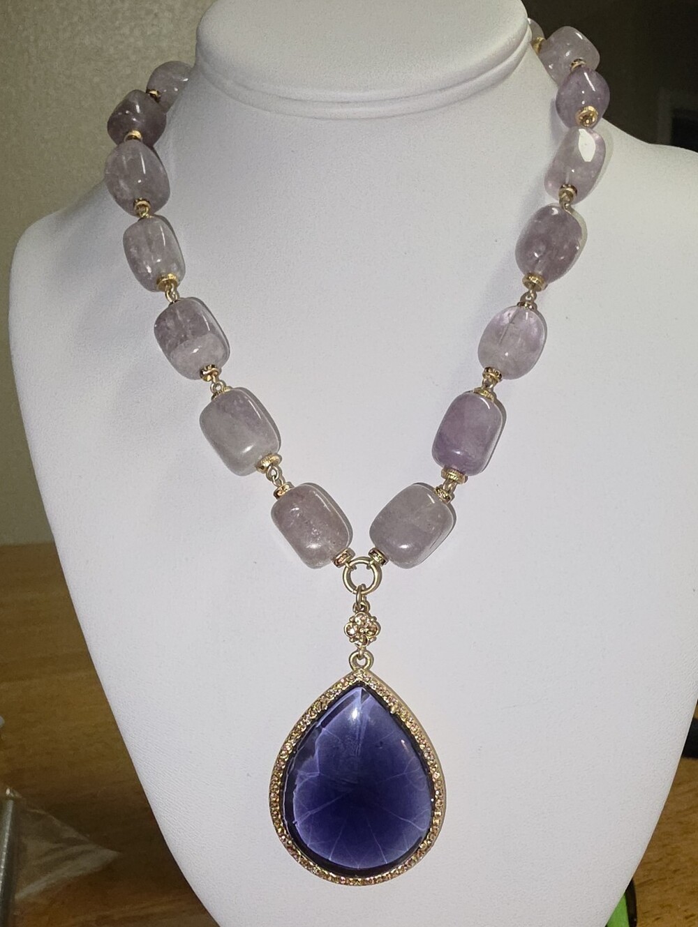 Vintage Carolee Lux Statement Necklace Amethyst Barrel Beads and Glass Pendant